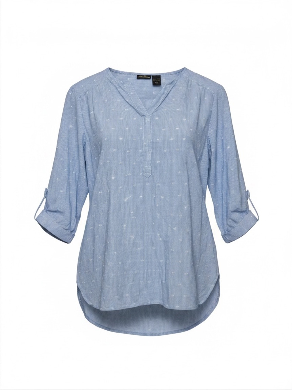 Sara Studio 100% Cotton Light Blue V-Neck Stripe/Dot Roll-Sleeve Women's Top XL
